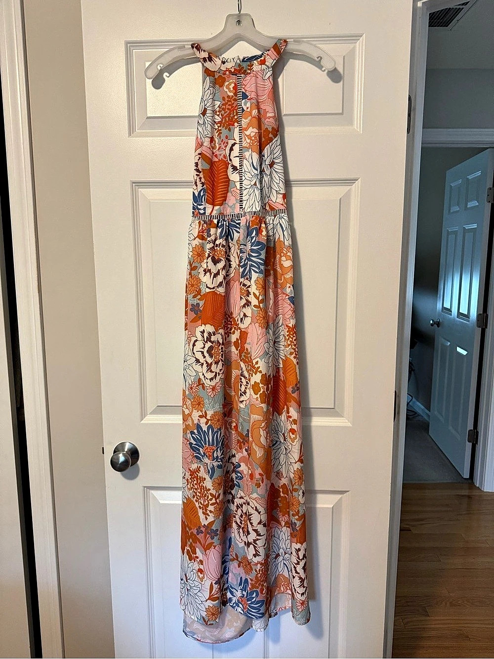 Zesica Floral Halter Maxi Dress in Orange & Blue Like New